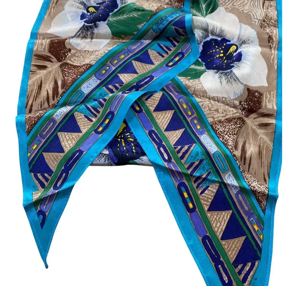 Vintage Oscar De La Renta Silk Scarf Pointy Ends Necktie Jungle Flowers Blue Tan